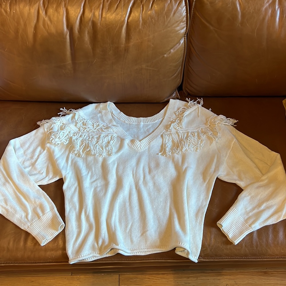 Nation LTD Women Fringe Sweater Cream Alpaca Blend Size L
